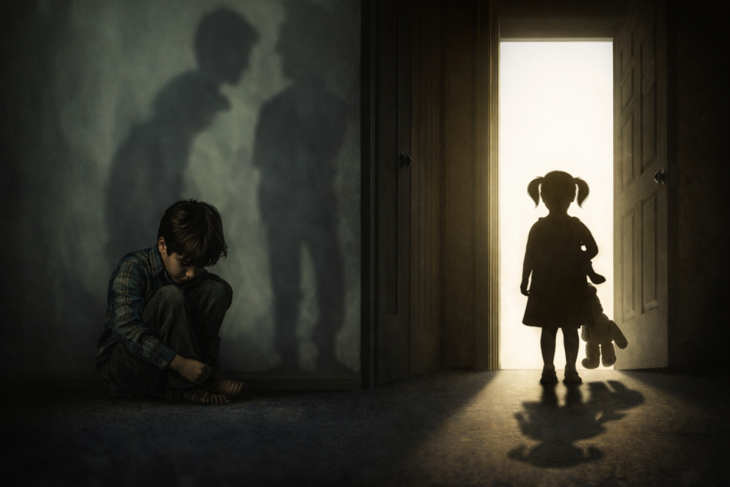 Kind sitzt zusammengesunken auf dem Boden, im Hintergrund bedrohliche Schatten von Erwachsenen