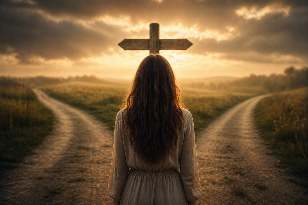 unge Frau steht an einer Weggabelung als Symbol für freien Willen und Entscheidung in religiösen Gruppen