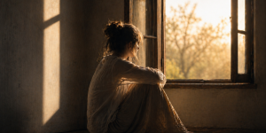 Eine junge Frau blickt nachdenklich aus dem Fenster.