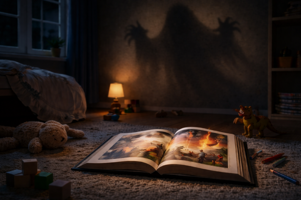 Dunkles Kinderzimmer mit offenem Buch und bedrohlichen Schatten als Symbol für religiöse Angsterziehung bei Kindern
