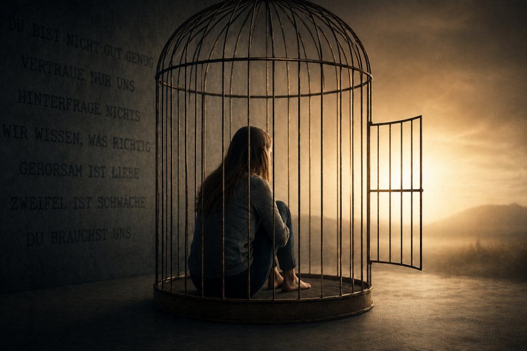 Eine Person sitzt in einem Käfig, dessen Türe geöffnet ist. Ein Sinnbild dafür, wie gefangen Menschen in einer Sekte sein können, obwohl die Tür zu gehen offen steht.