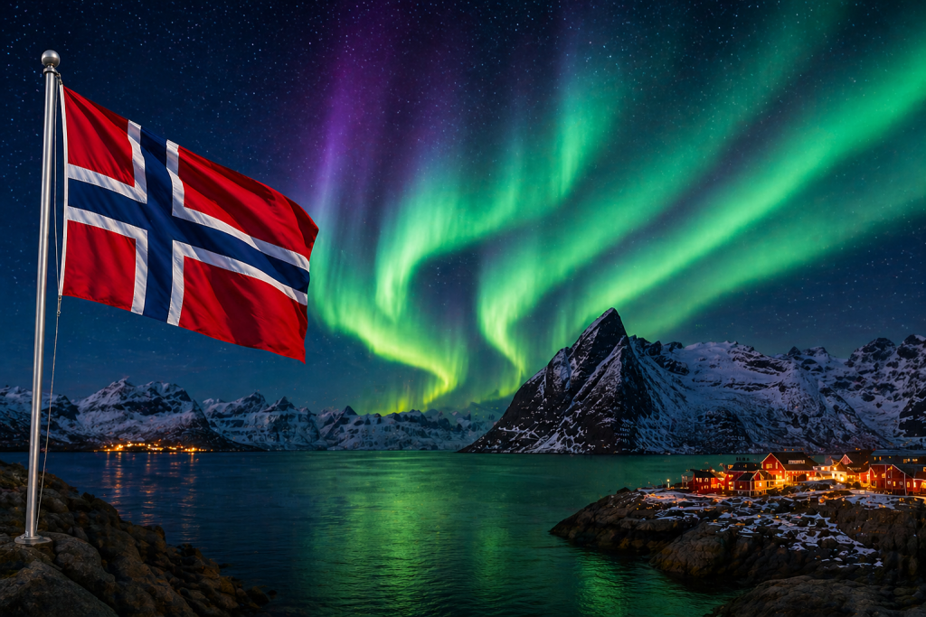 Die norwegische Flagge vor nächtlicher Landschaft und Polarlichtern am Himmel.