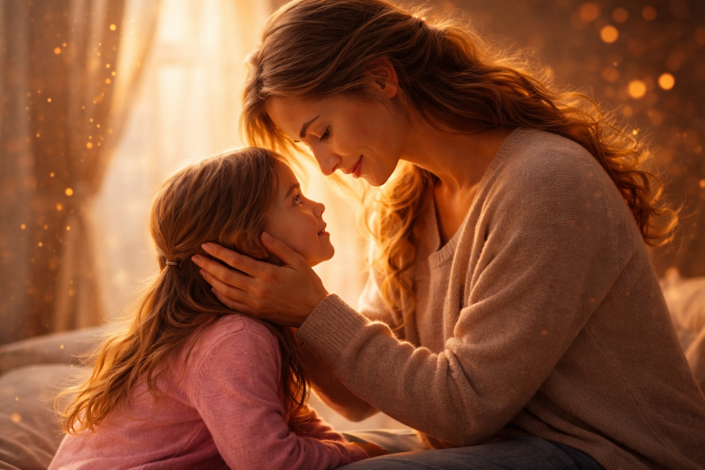 Frau in liebevoller Verbindung mit ihrem inneren Kind – Ausdruck von Selbstkontakt und innerer Heilung