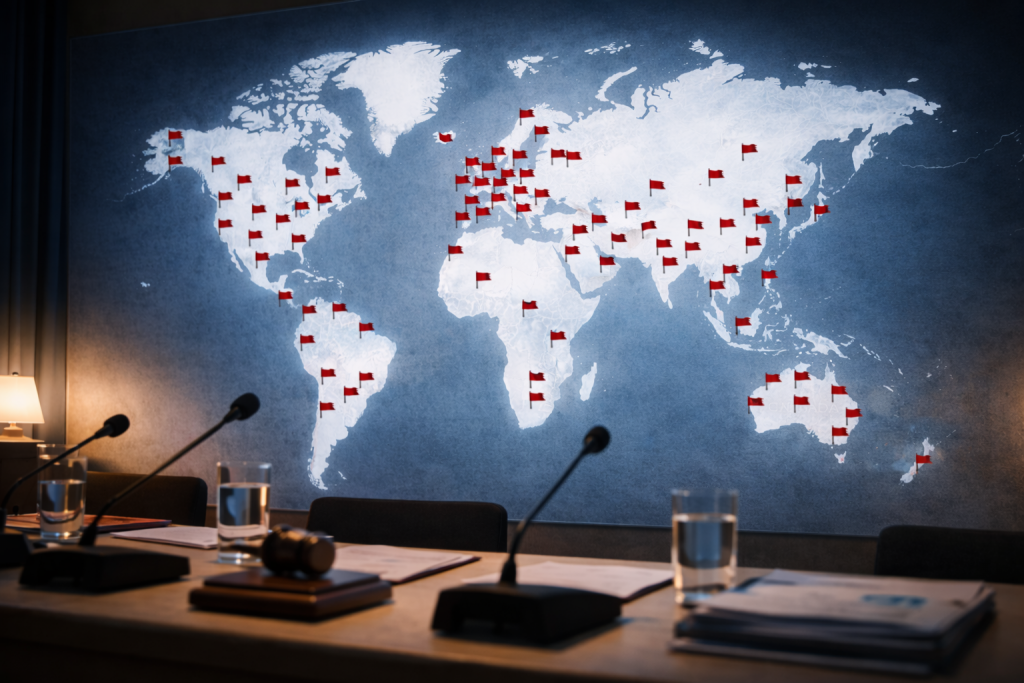 Weltkarte mit roten Markierungsfahnen als Symbol für internationale Kritik an den Jehovas Zeugen wegen Kinderrechtsfragen